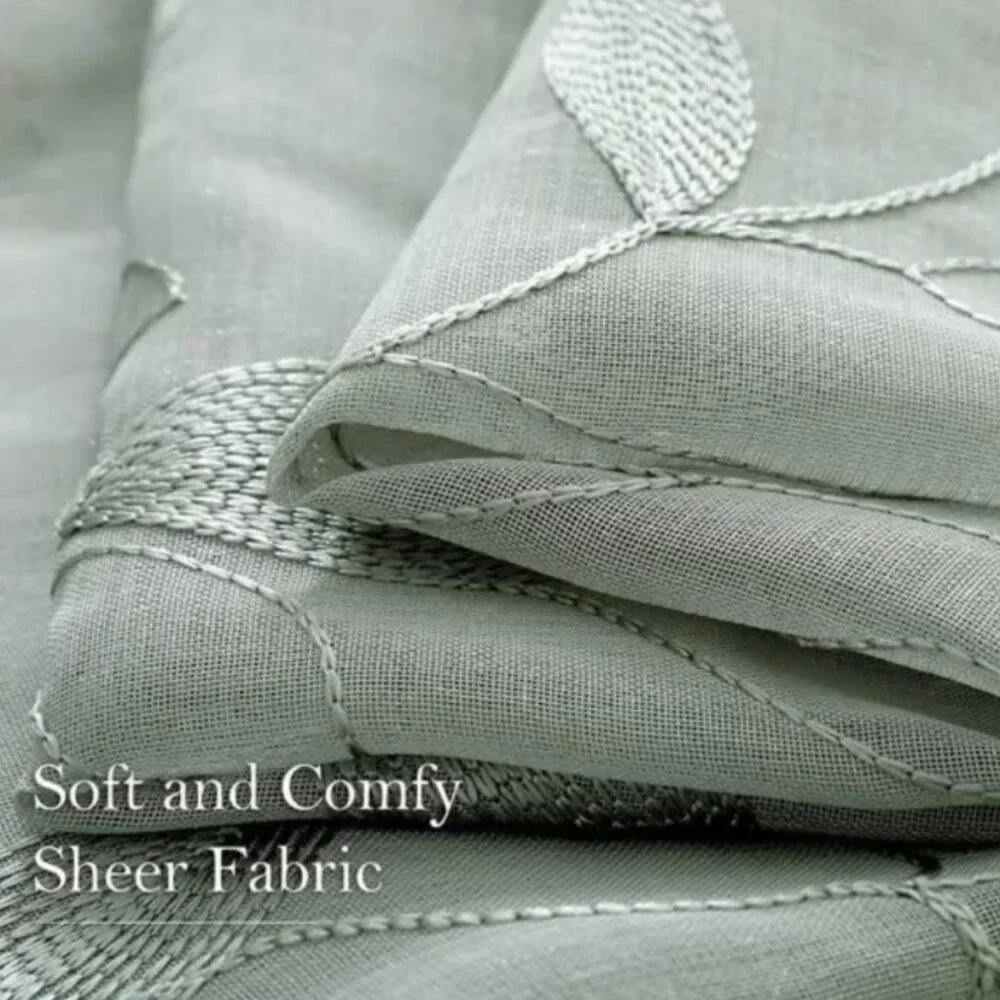 Sage Green Sheer Curtains 52 X 84 Inches Long 2 Panels Embroidered Leaf Pattern